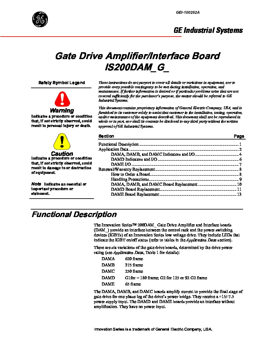 First Page Image of IS200DAMAG1ACA GEI-100262A Gate Drive Amplifier Interface Board Intro and Description.pdf